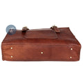 Bottom View of the Brown Leather Laptop Tote Bag with Brass Studs, Reinforced Corners, and Durable Construction