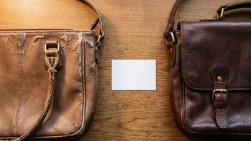Overhead flat lay comparing a worn-out synthetic bag with a well-aged genuine leather bag in excellent condition