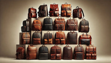 Various leather backpacks displayed in different textures and finishes, including full-grain, top-grain, and exotic leather.
