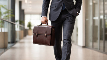 Professional man in a dark suit carrying a slim genuine leather briefcase in a modern office corridor