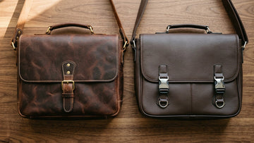 Overhead flat lay comparing a top-grain leather bag with natural grain texture against a synthetic bag with uniform embossed surface