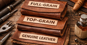 Comparison of full-grain, top-grain, and genuine leather samples stacked on a wooden surface, showing differences in texture and finish.