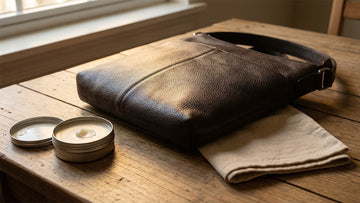 Dark brown leather bag on a wooden surface with conditioner tin and cloth beside it after conditioning
