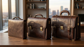 Three genuine leather briefcases in compact, standard, and executive sizes arranged side by side on a wooden surface