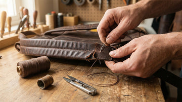 Close-up of hands sewing a detached leather backpack strap using nylon thread and a thick needle on a wooden workbench