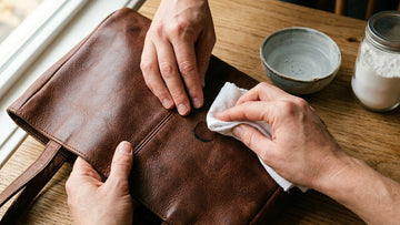 Hands using a soft cloth to clean a stain from brown leather beside a bowl of water and cornstarch on a wooden surface