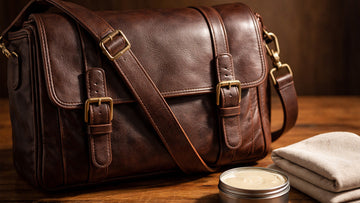 Well-maintained dark brown leather bag next to a conditioner tin and soft cloth on a wooden surface
