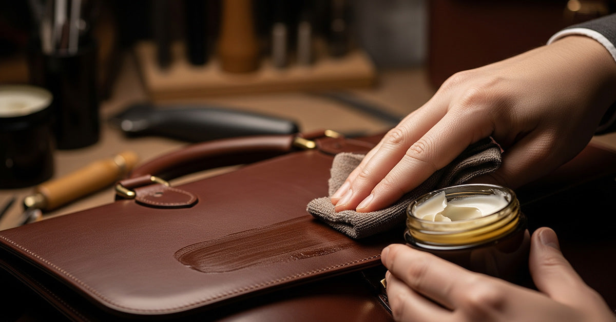 A person's hands carefully applying a creamy leather conditioner from a jar onto a brown leather briefcase to moisturize and protect it.