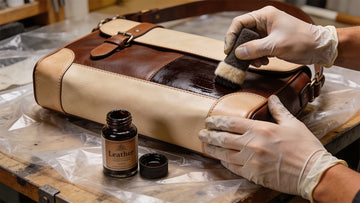 Gloved hands applying leather dye to a leather bag with a dauber on a protected work surface
