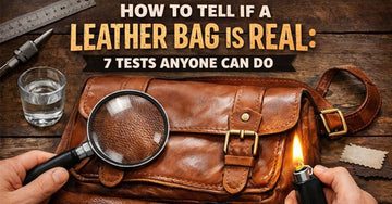 Featured image showing a brown leather bag on a wooden surface with a magnifying glass, water drops, and a flame test, illustrating seven simple ways to check if a leather bag is real.