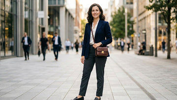 Woman wearing a compact structured leather crossbody bag at hip height on a city street