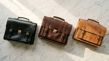 Three leather briefcases in black, dark brown, and tan arranged side by side on a marble surface showing the professional color range