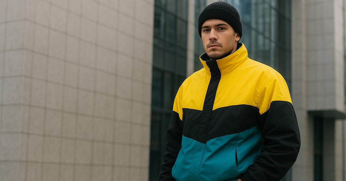 A stylish young man wearing an oversized snowboard jacket, beanie, and cargo pants walking confidently in an urban street, reflecting snowboard-inspired street fashion.