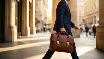 Man in a dark suit carrying a brown leather briefcase through a sunlit city corridor with stone architecture