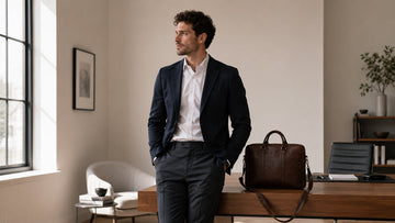 Well-dressed man in a navy blazer standing beside a leather briefcase in a minimal office interior