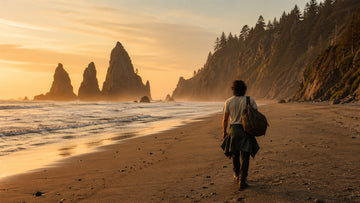 Traveler carrying a leather duffle bag walking along a rugged Pacific coastline at golden hour