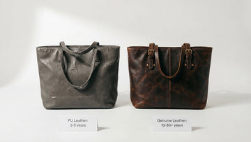 Side by side comparison of a PU leather bag showing surface peeling on the left and a genuine buffalo leather bag with rich natural grain on the right