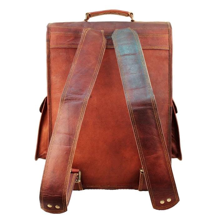 Brown Leather Backpack Back Straps and Backside View