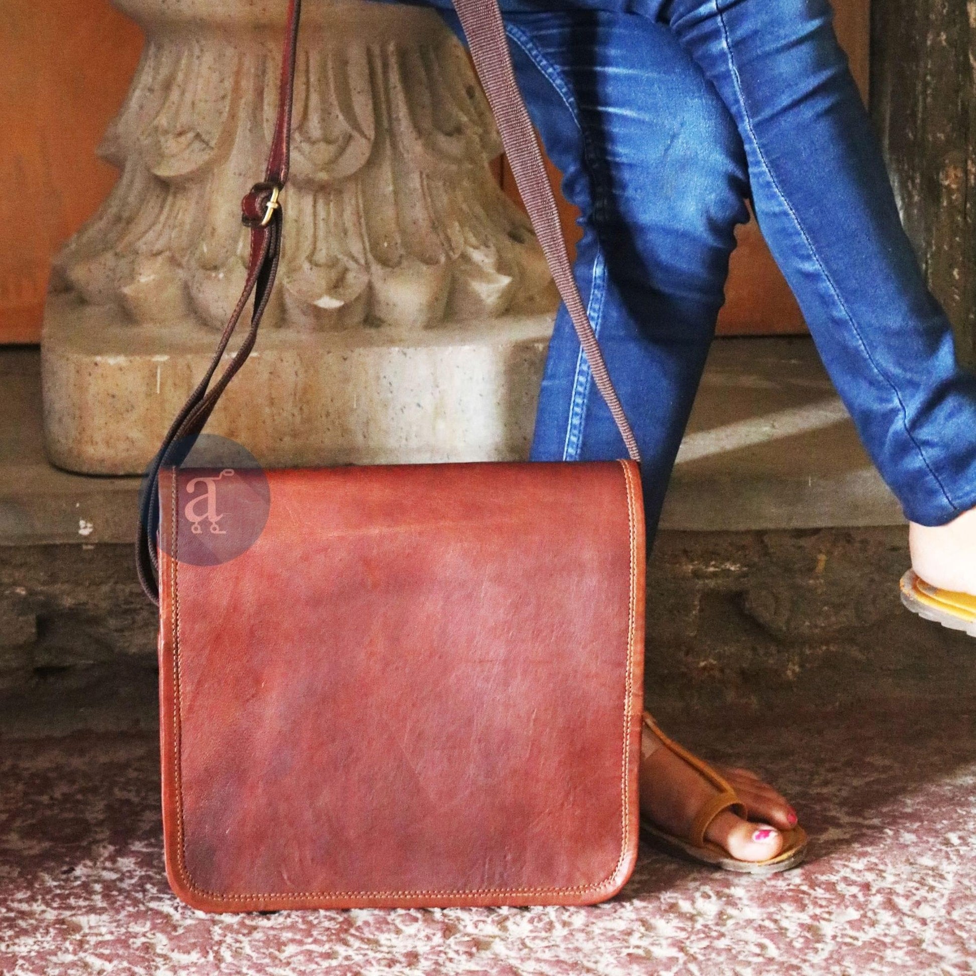 Handmade Brown Leather Crossbody Bag with Full Flap 15 Inches