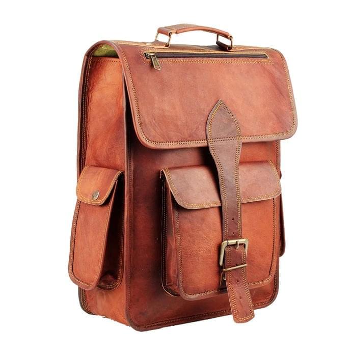 Brown Leather Backpack Front Pocket and Side Pocket View