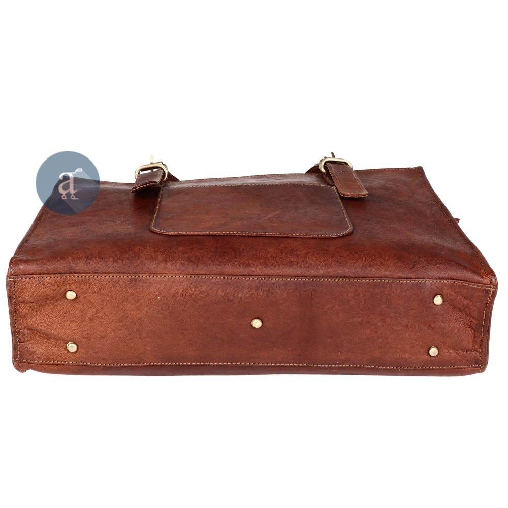 Bottom View of the Brown Leather Laptop Tote Bag with Brass Studs, Reinforced Corners, and Durable Construction