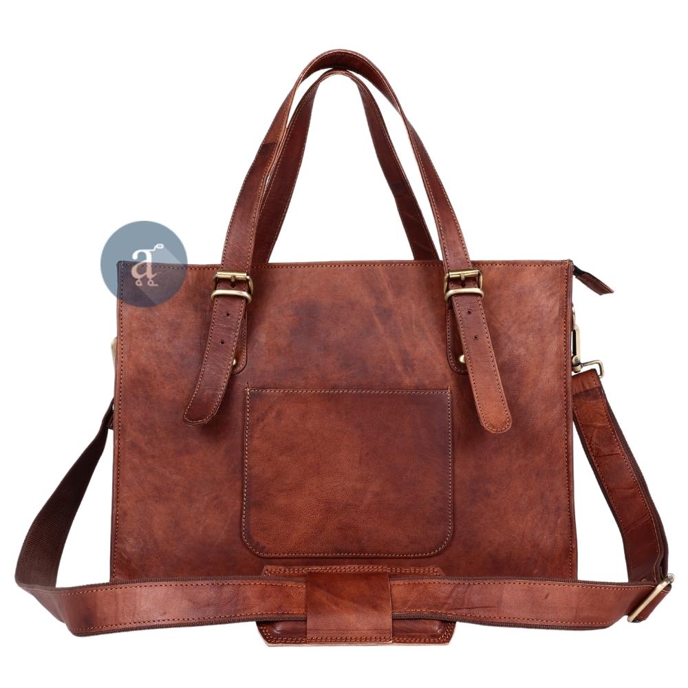 Front View of Brown Leather Laptop Tote Bag with Adjustable Shoulder Strap, Brass Buckles, and Front Pocket