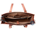 Interior View of Laptop Tote Bag for Women Showing Multiple Compartments, Striped Lining, and Zipper Pockets