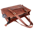 Angled View of the Leather Laptop Tote Bag for Women with Open Zipper, Showing Spacious Interior and Brass Buckles