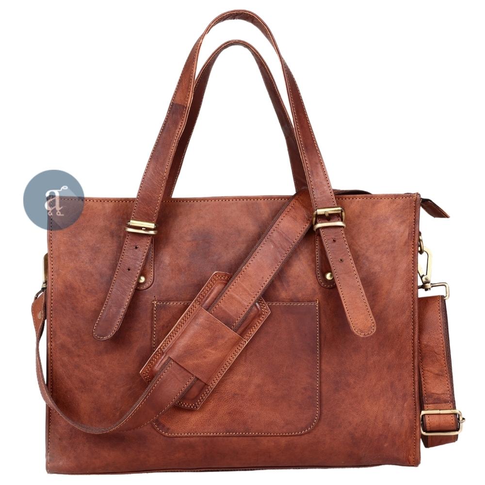 Brown Leather Laptop Tote Bag with Adjustable Shoulder Strap, Front Pocket, and Brass Buckles