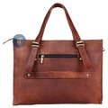 Back View of the Brown Leather Laptop Tote Bag Featuring a Zip Pocket, Brass Buckles, and Adjustable Shoulder Strap