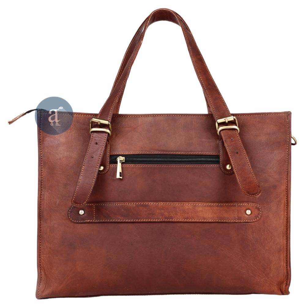 Back View of the Brown Leather Laptop Tote Bag Featuring a Zip Pocket, Brass Buckles, and Adjustable Shoulder Strap