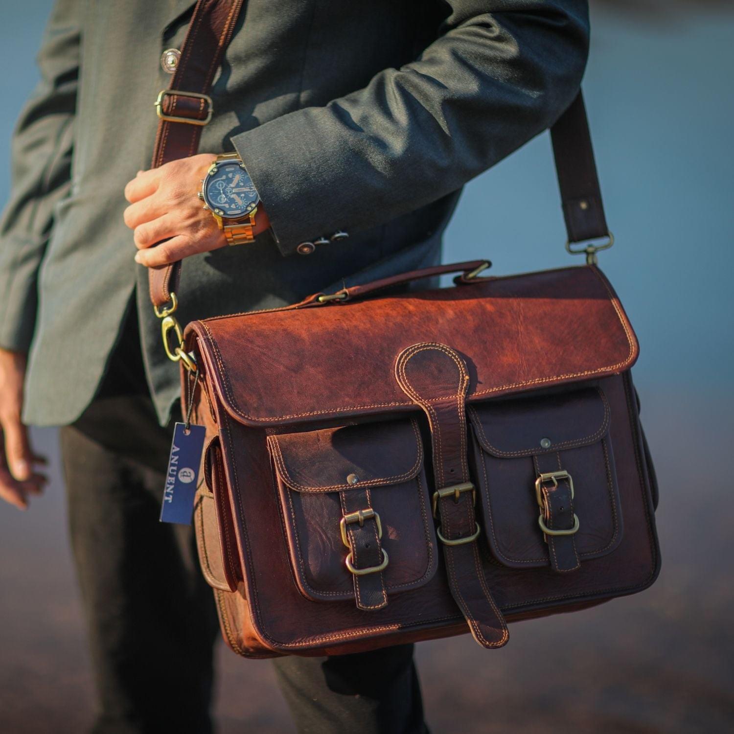 Modern Full Grain Leather Briefcase for Men with Shoulder Strap