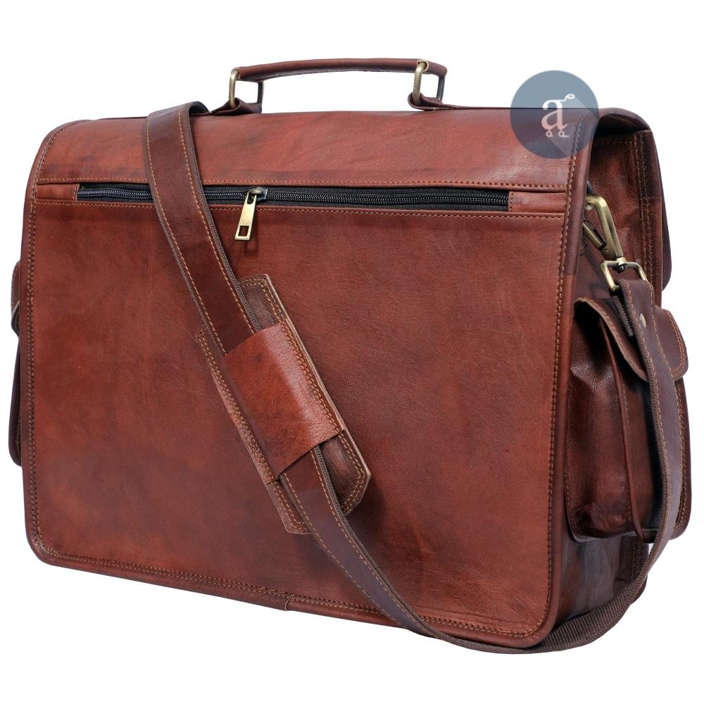 Leather Briefcase Bag Backside View With Zipper Pocket