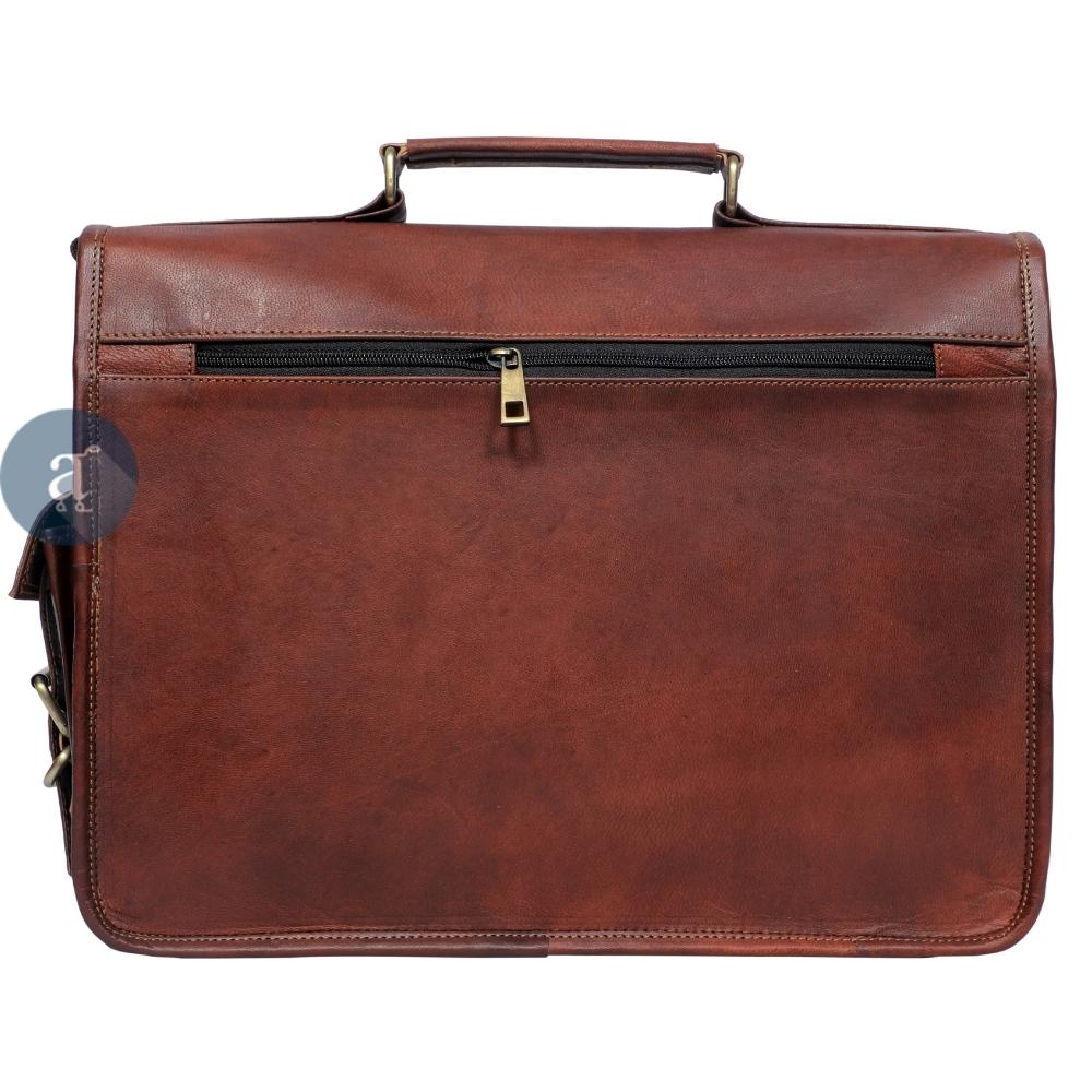 Leather Messenger Bag for Men Backside View with Zipper Pocket