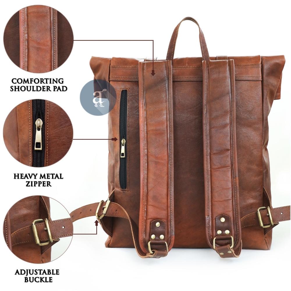Handmade Leather Rolling Top Backpack Handmade Leather Rolling Top Backpack