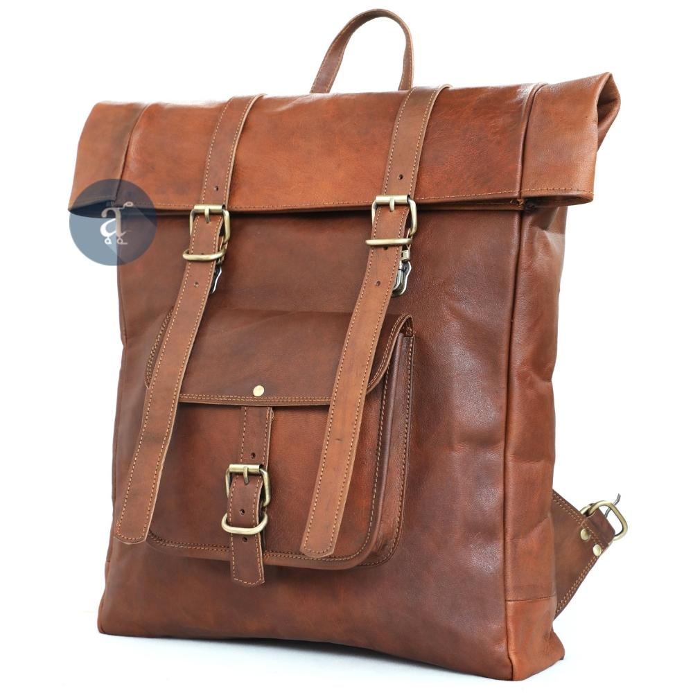 thumbnail image 2 of Handmade Men's Roll Top Backpack - Genuine Leather Water Resistant Rucksack For Travel Or Biking 2 of 4