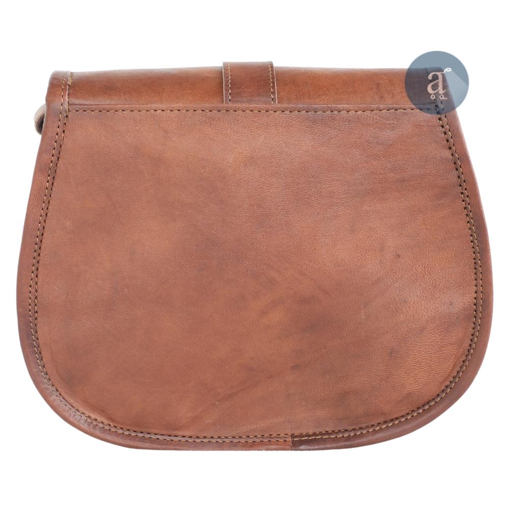 Backside View of Brown Leather Saddle Purse, Showcasing Smooth Leather Finish and Detailed Stitching