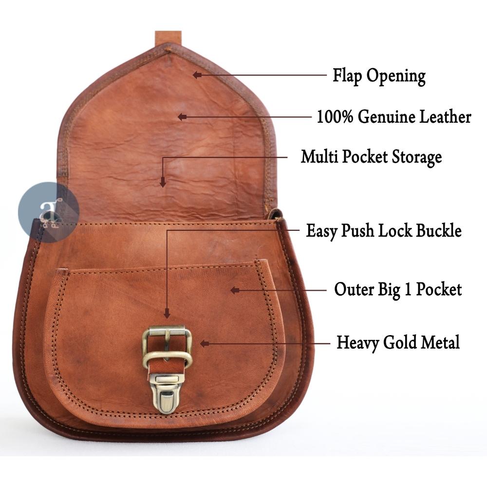 Interior View of Brown Leather Saddle Purse with Labels for Flap Opening, Multi Pockets, Push Lock Buckle, and Outer Pocket