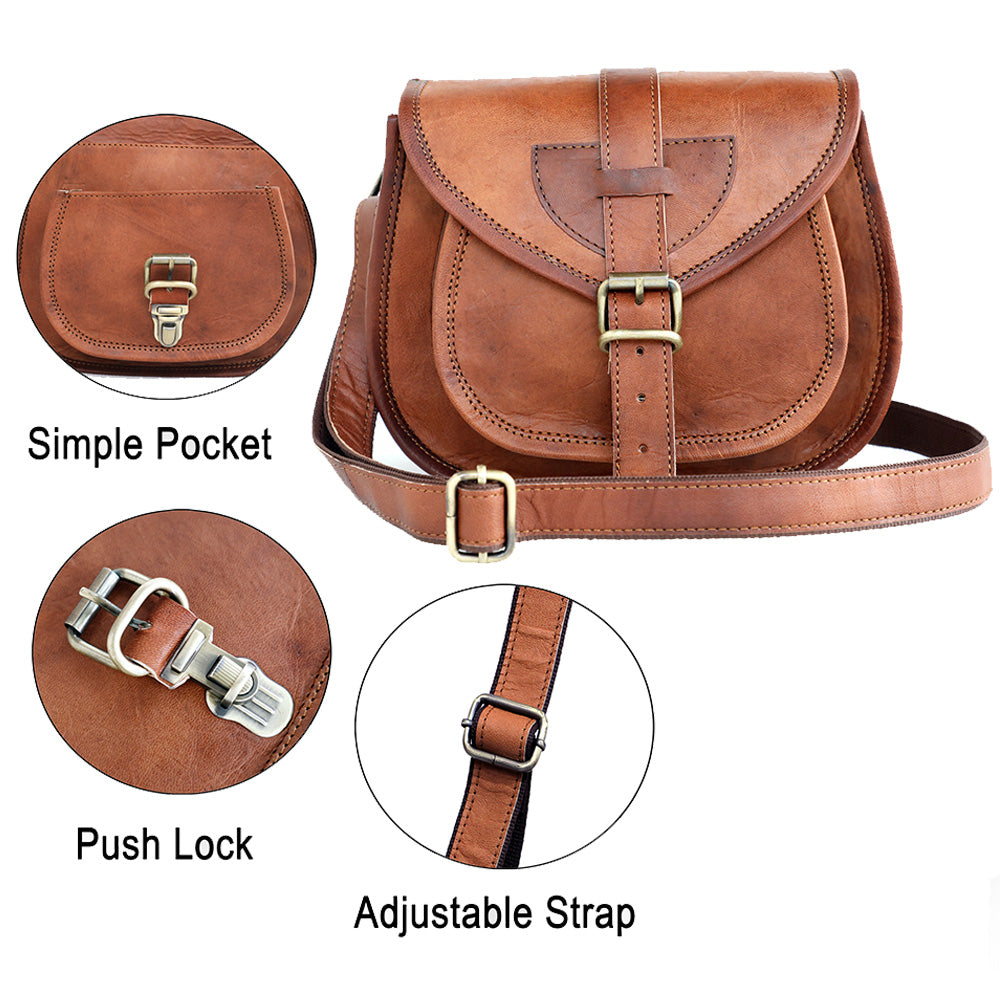 Brown Leather Saddle Purse Featuring Simple Pocket, Push Lock, and Adjustable Strap, Highlighting Key Functional Details