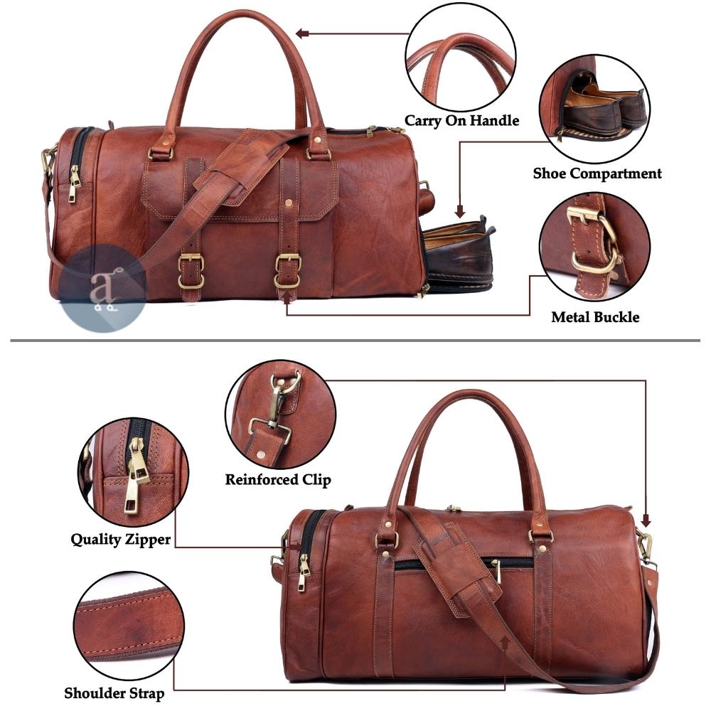 Leather Weekender Bag With Shoe Compartment Hardware Details