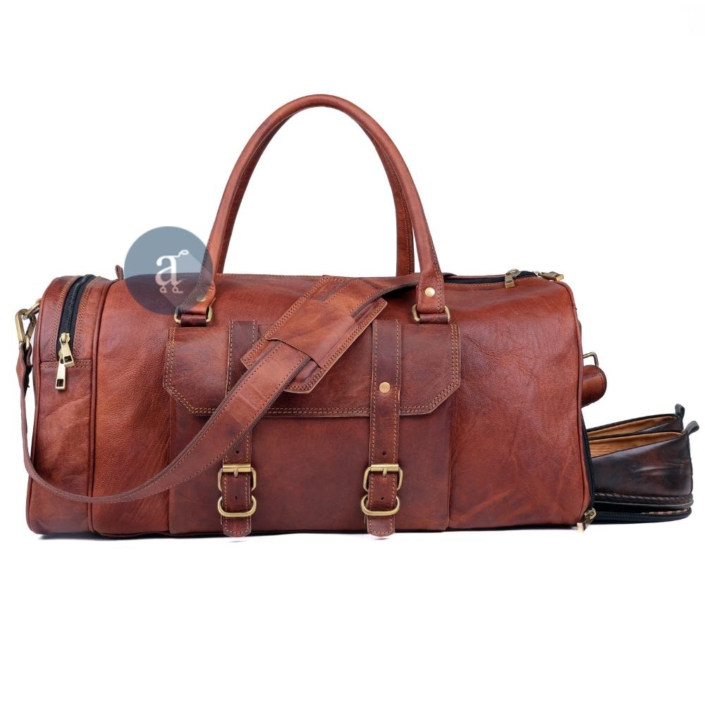 Leather Weekender Bag With Shoe Compartment Front View
