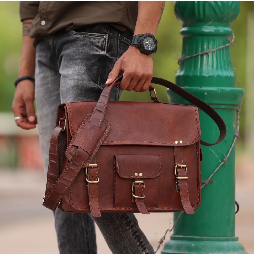 Personalized Top Grain Italian Leather Messenger Bag Camera 