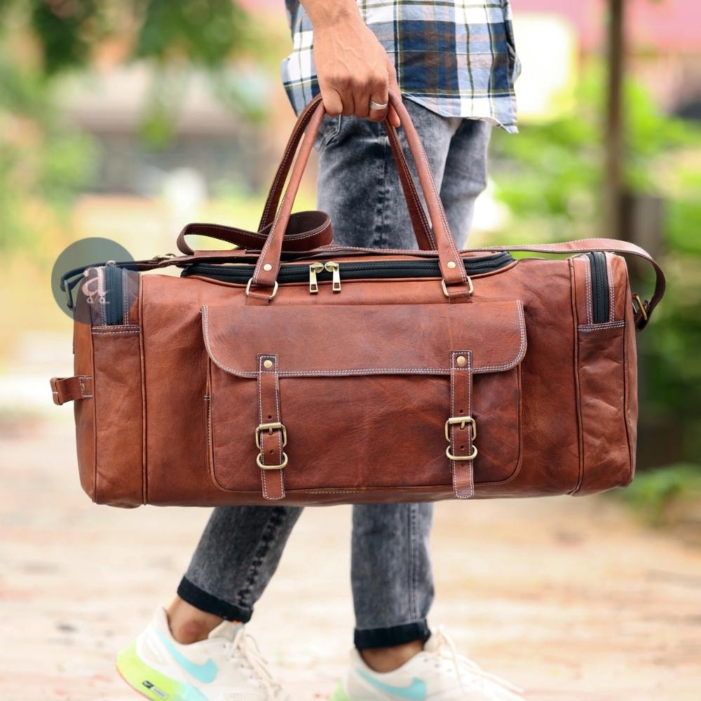  Mens leather duffle bag red shoulder bag travel bag