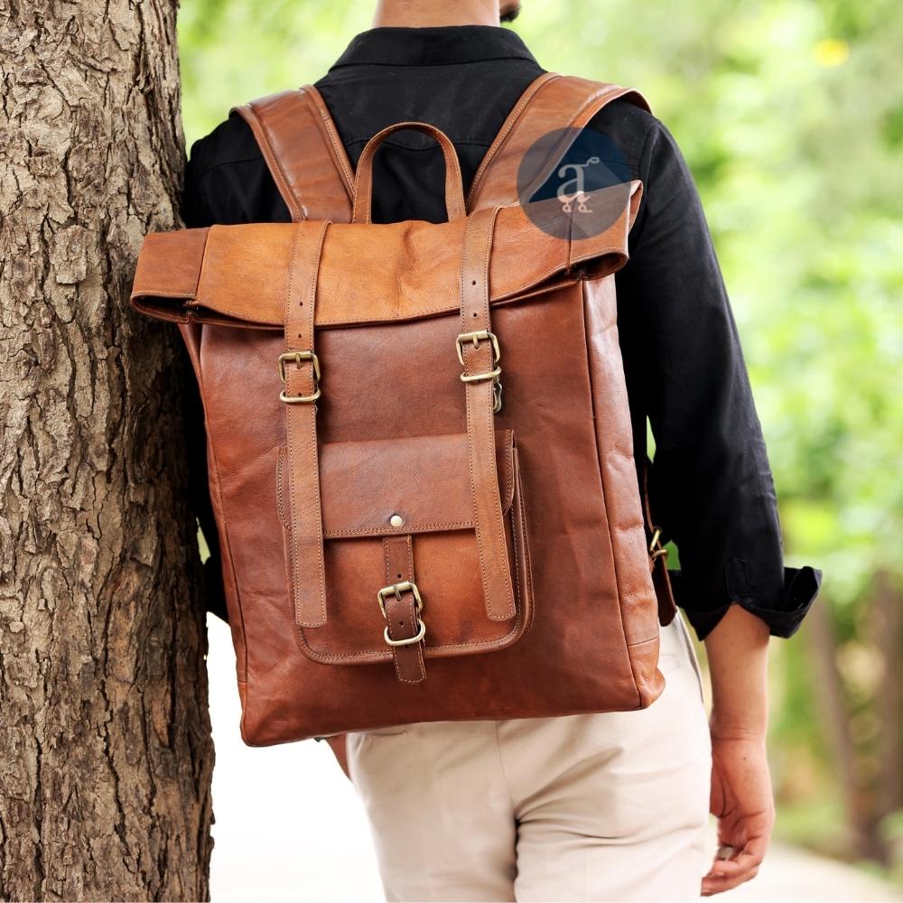 Handmade Leather Rolling Top Backpack Handmade Leather Rolling Top Backpack