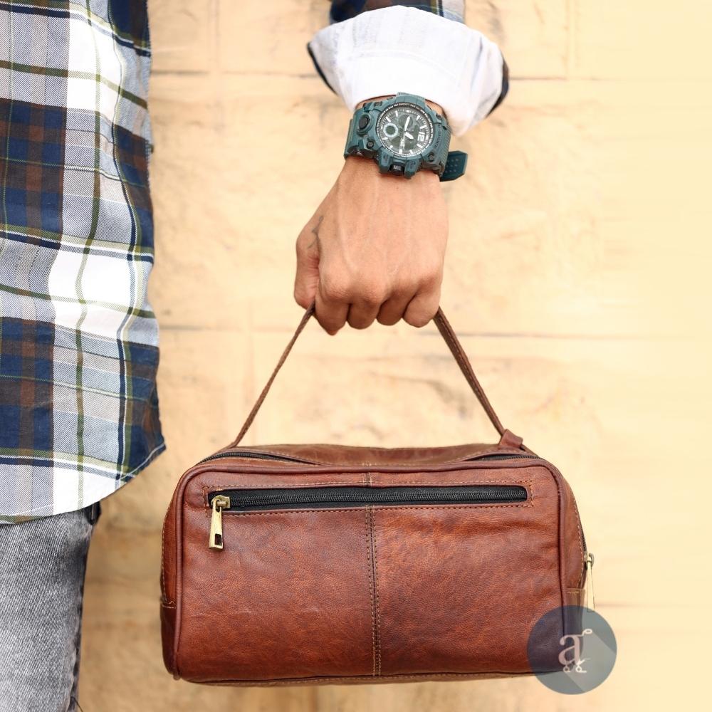 Men Carrying Leather Travel Toiletry Bag with Handle