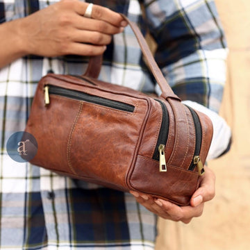 Men Carrying Leather Travel Toiletry Bag