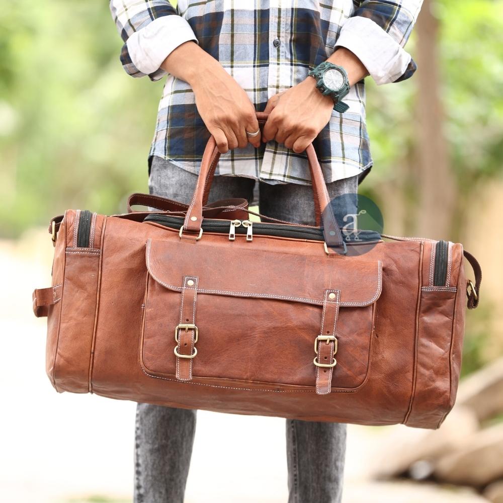 Picture of Men Carrying Large Leather Duffle Bag with Top Handles