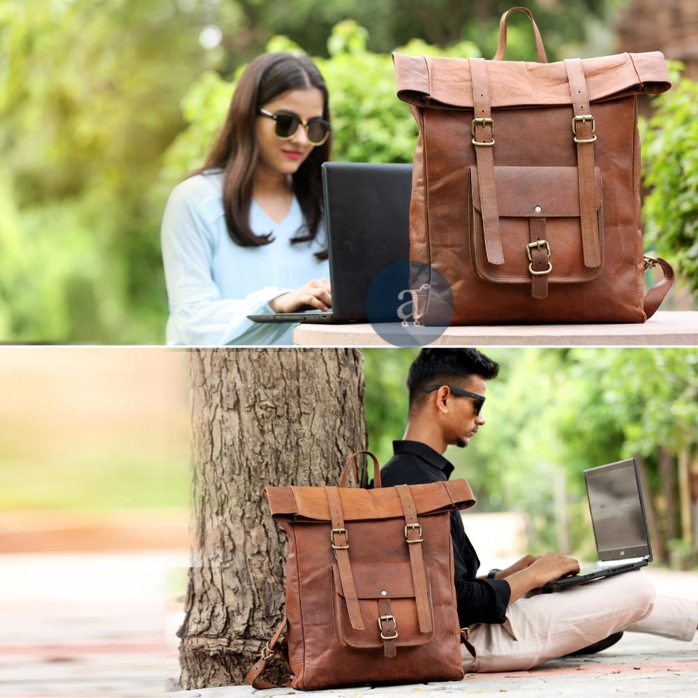 Handmade Leather Rolling Top Backpack Handmade Leather Rolling Top Backpack