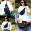 Women Carrying Black Leather Fanny Pack in Different Ways