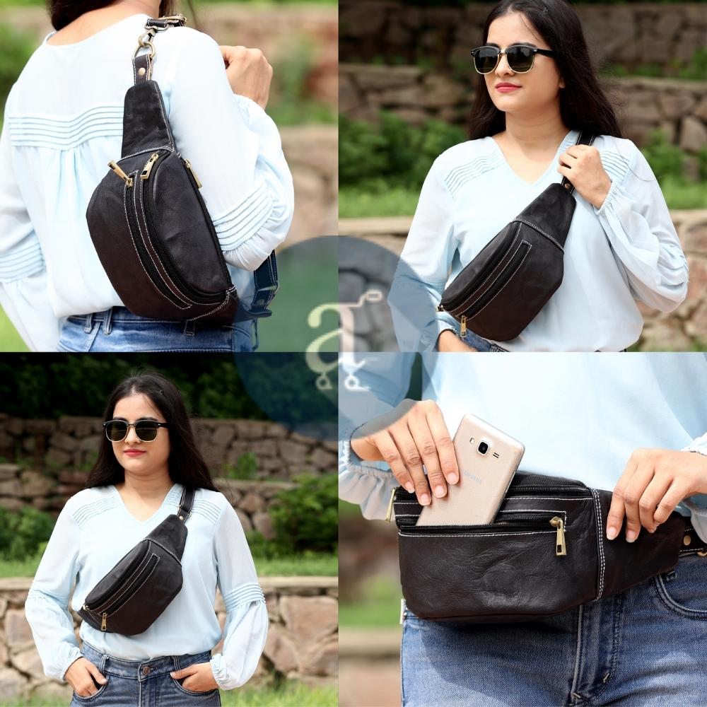 Women Carrying Black Leather Fanny Pack in Different Ways
